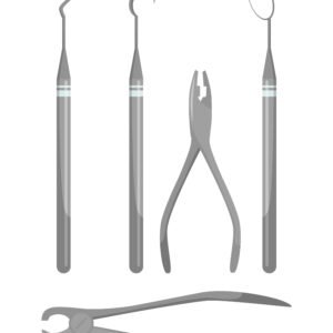 dentist tools and dentistry instruments set, mouth mirror, periodontal explorer scaler, tooth extracting forceps, pliers, scissors. tooth healthcare.